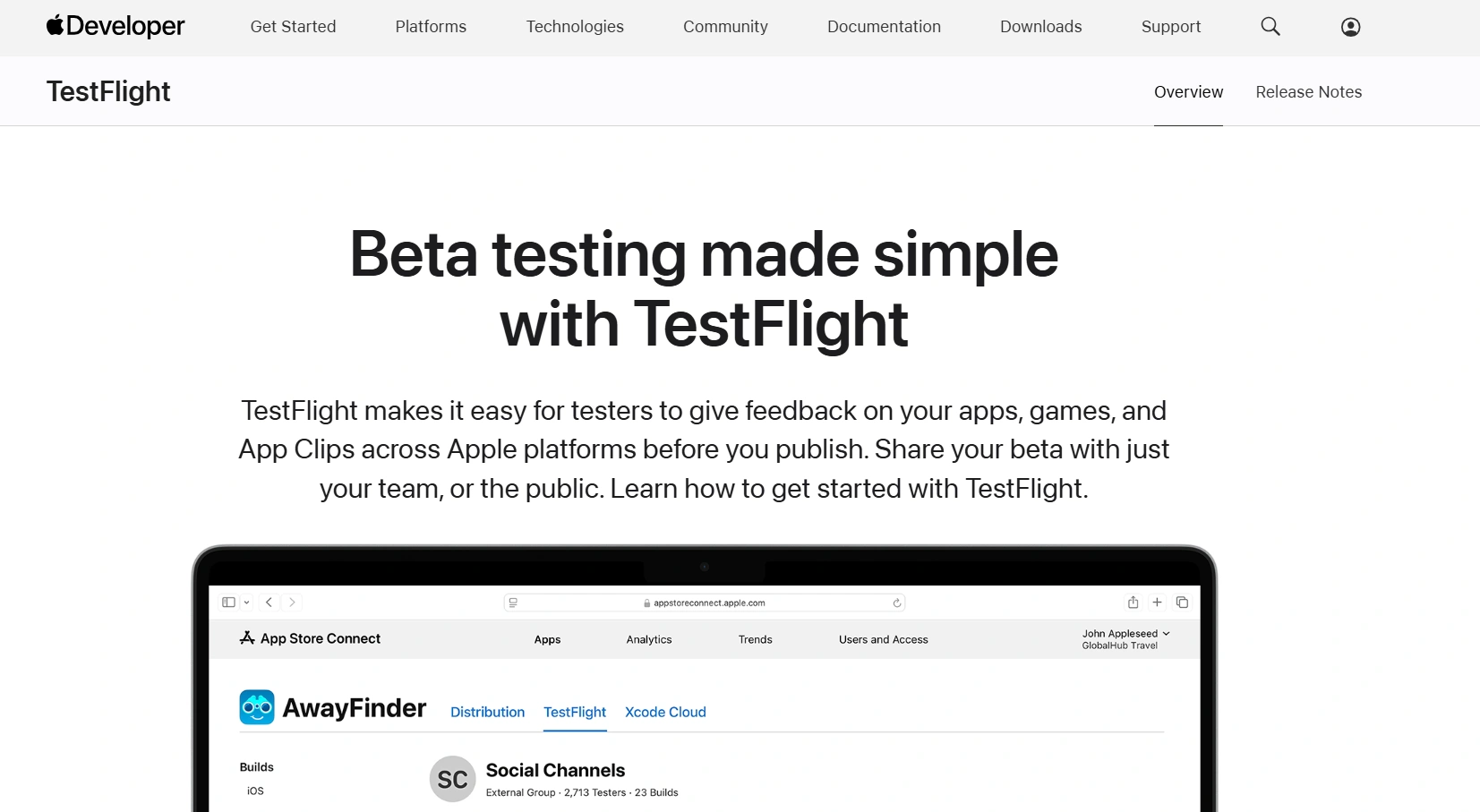 Apple TestFlight beta distribution dashboard
