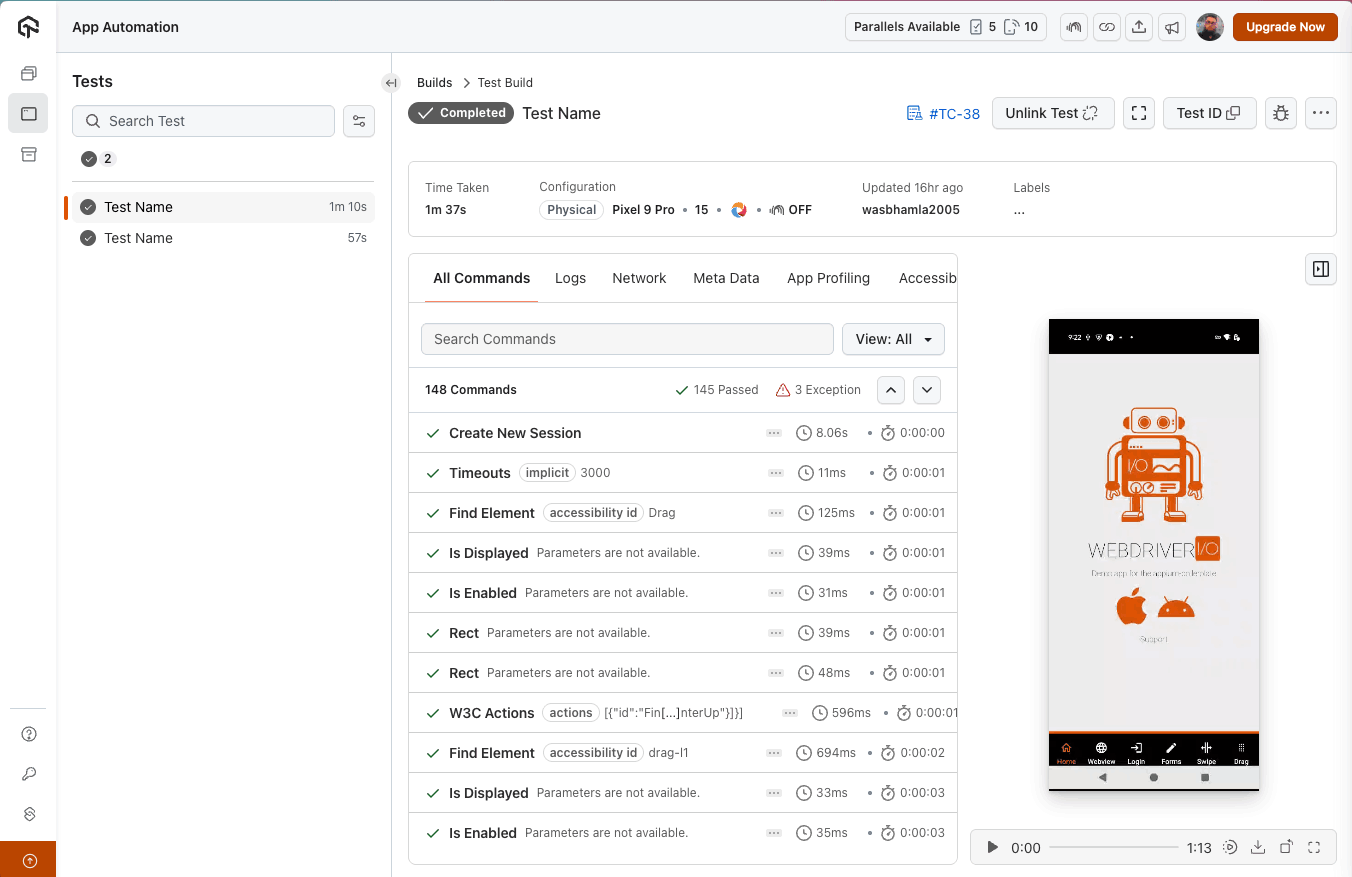 TestMu AI dashboard upload TestMu AI dashboard showing upload application option