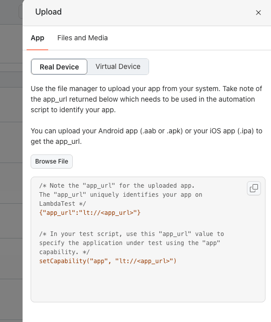 TestMu AI upload modal TestMu AI application upload modal with app URL
