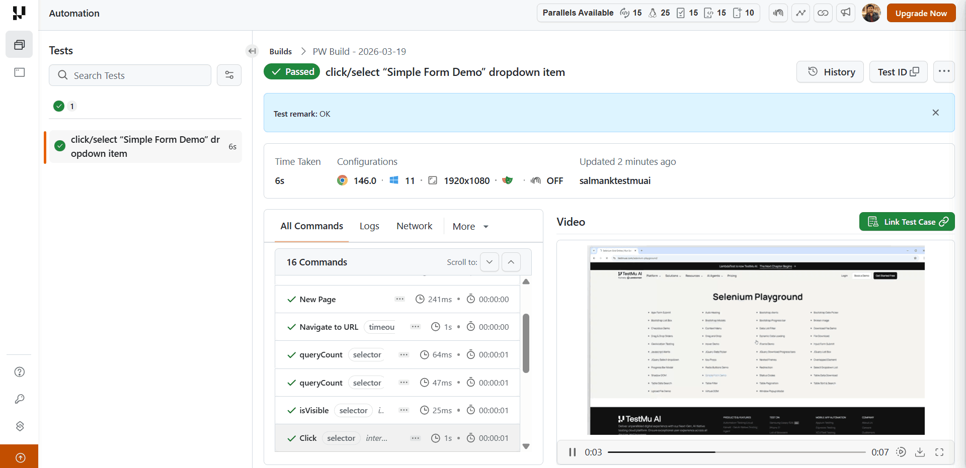 TestMu AI Web Automation dashboard showing successful Playwright test execution