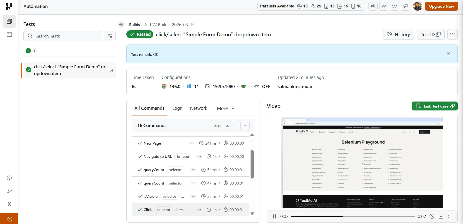 TestMu AI Web Automation dashboard showing successful Playwright test execution