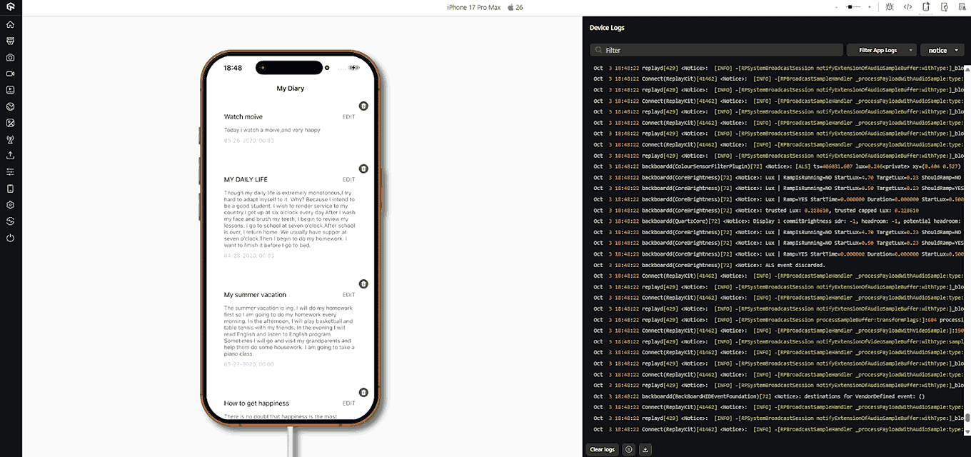 A live acceptance testing session on a real iOS device Live acceptance session running on a real iPhone with the device log panel open alongside it