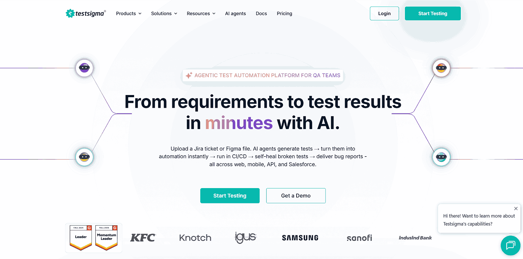 Testsigma platform screenshot showing AI-native codeless test automation