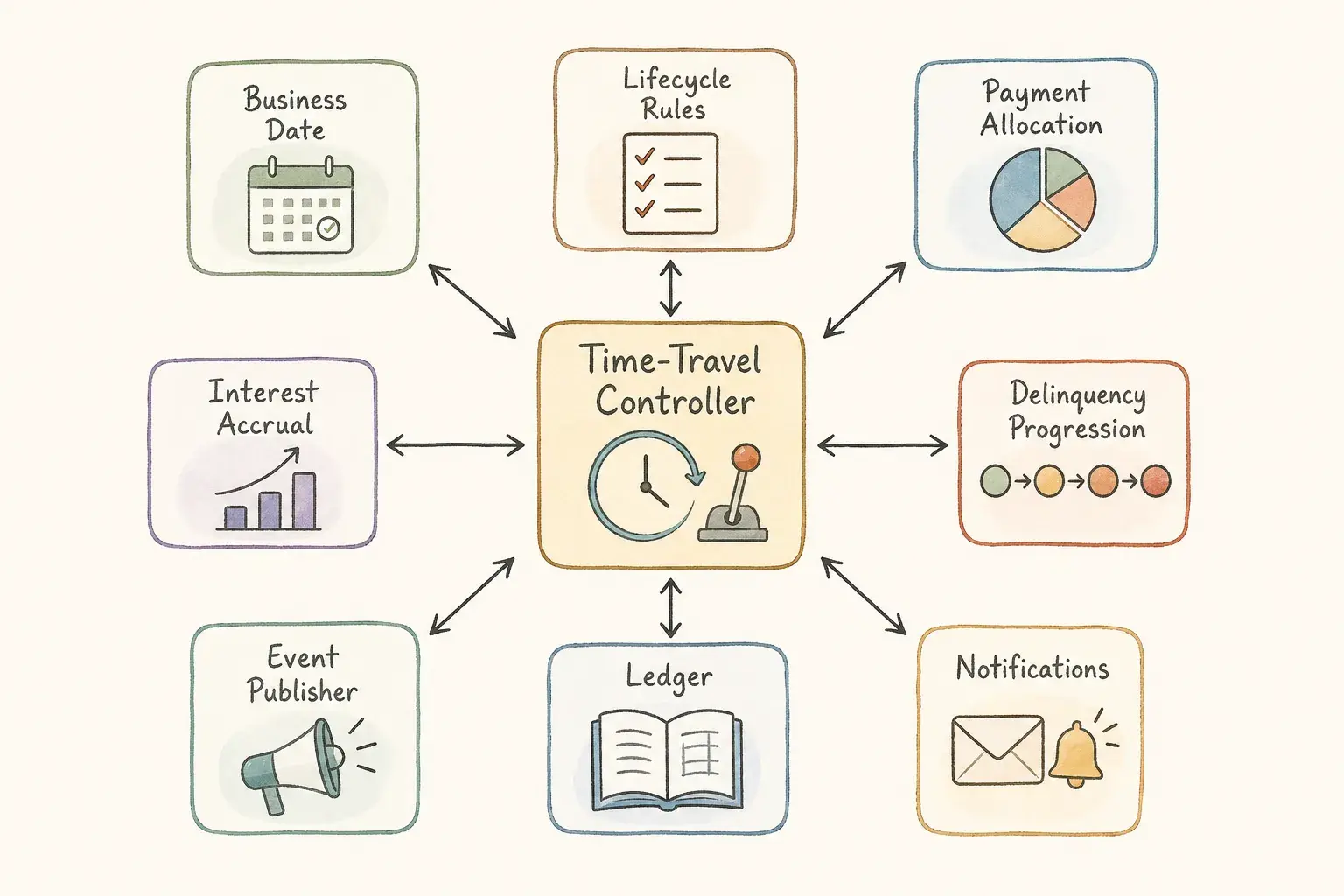 Figure 4. Re-architecting the loan servicing layer to support deterministic time travel Diagram of the re-architected loan servicing layer with time-travel controller, business-date services and lifecycle rules engine