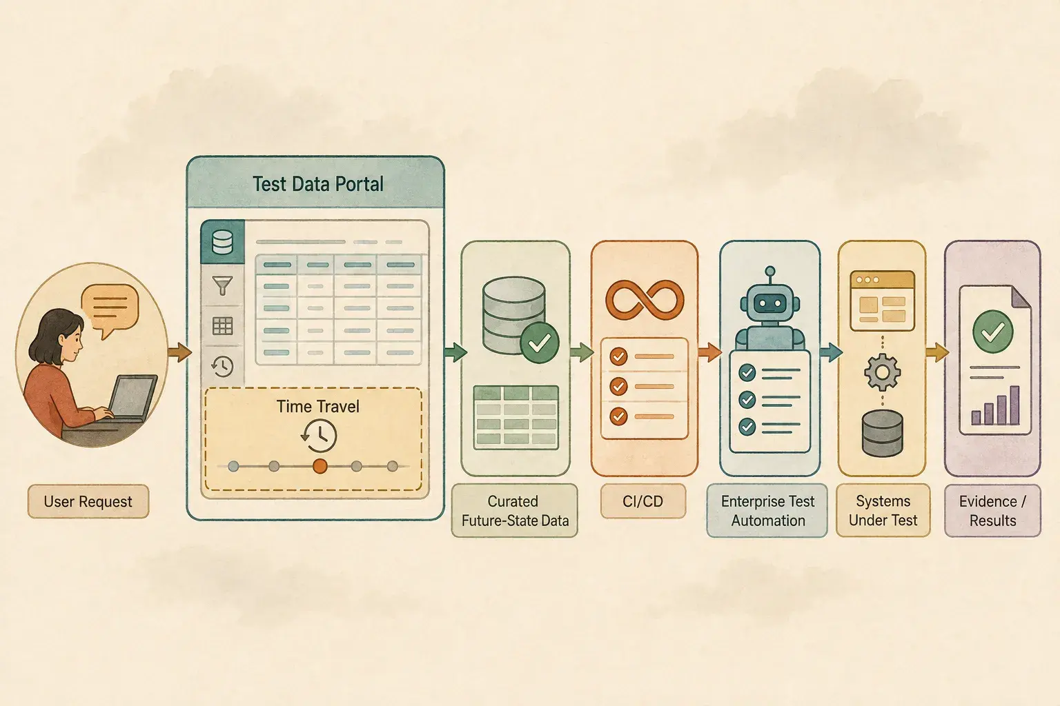 Figure 5. Connecting time-travel simulation to the Test Data Portal and the Enterprise Test Automation Framework Diagram connecting time-travel simulation to the Test Data Portal and the Enterprise Test Automation Framework