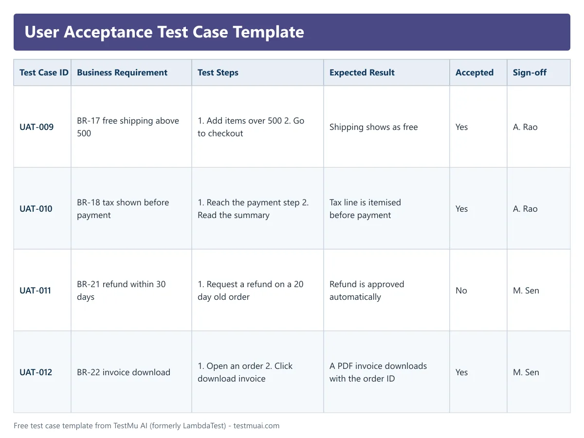 UAT test case template with business sign-off column User acceptance test case template showing business requirement, test steps, expected result, accepted and sign-off columns