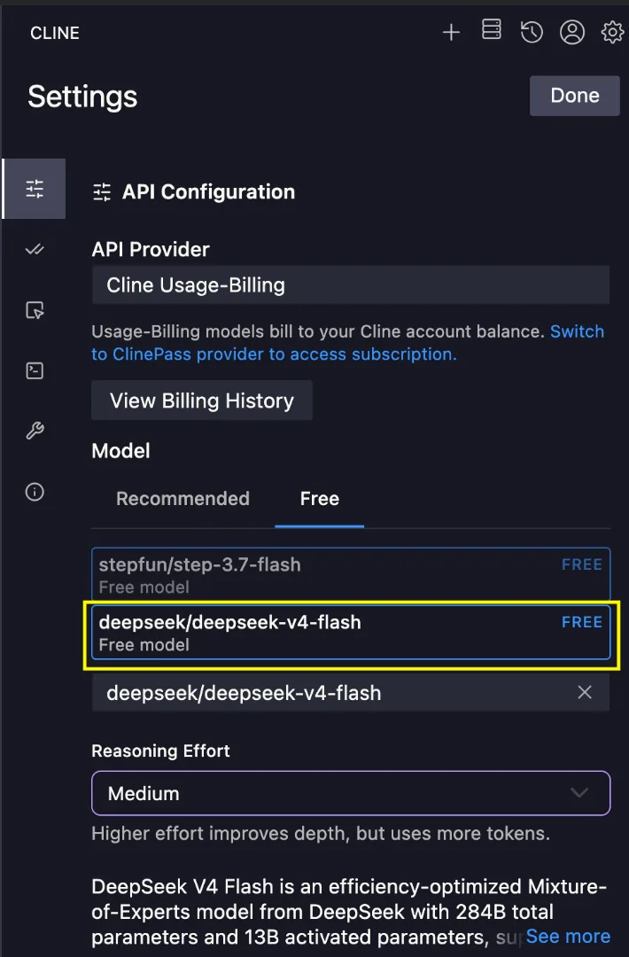 Using DeepSeek free model in Cline