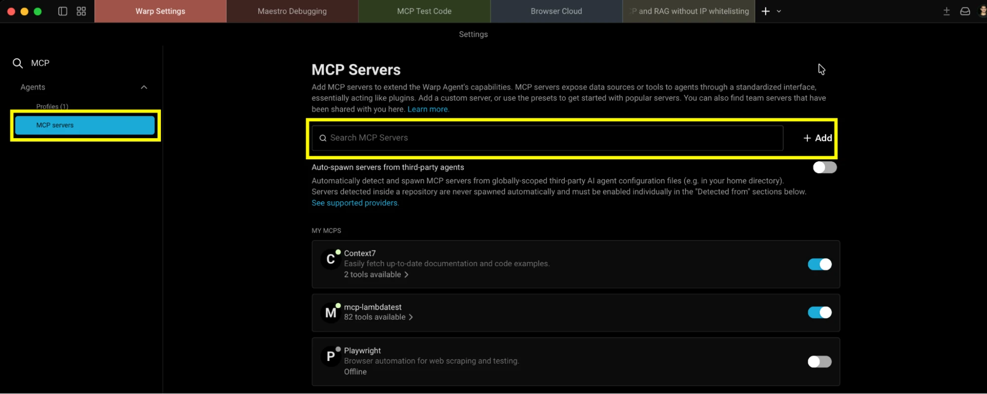 Warp Settings MCP servers Warp Settings MCP servers