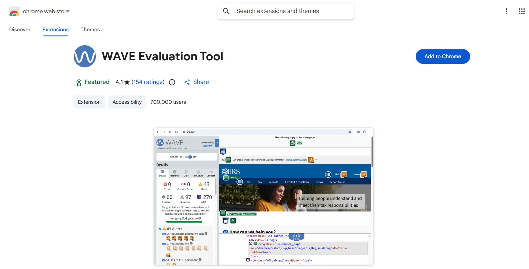 WAVE Evaluation Tool showing visual accessibility feedback with error and alert icons overlaid on a web page