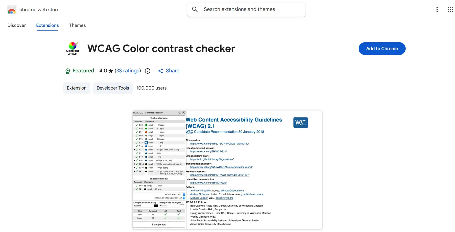 WCAG Color Contrast Checker extension showing contrast ratio analysis between foreground and background colors