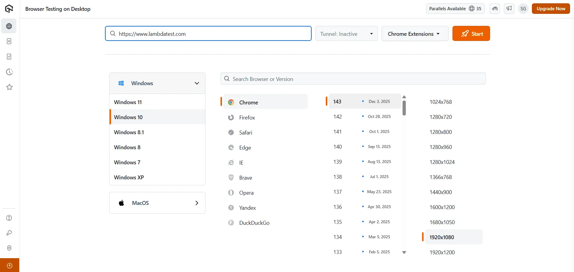 Choosing a browser and OS for a live session TestMu AI Browser Testing on Desktop screen listing Windows versions, browsers, Chrome versions, and screen resolutions