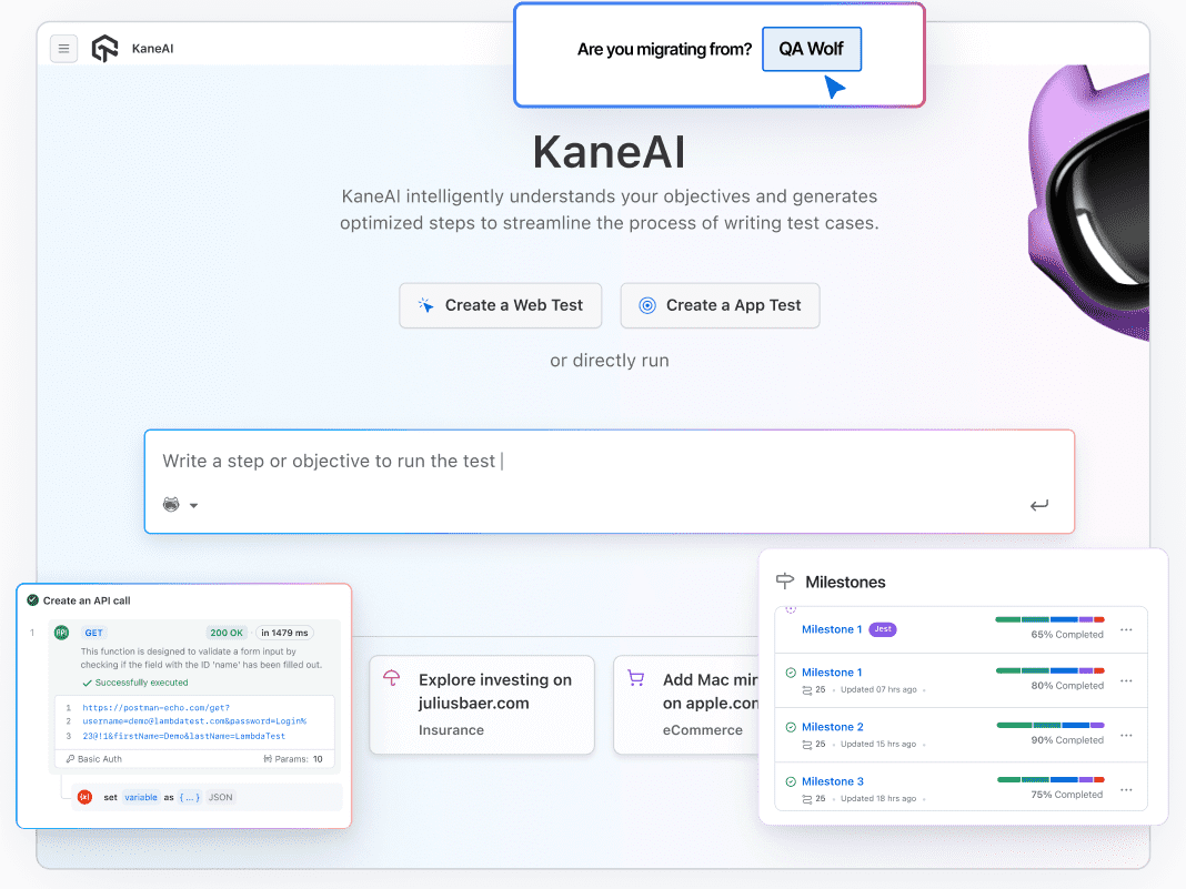 Switch to an AI-native E2E testing agent with fast and scalable orchestration, real-time insights, and effortless test creation making it a strong QA Wolf alternative.