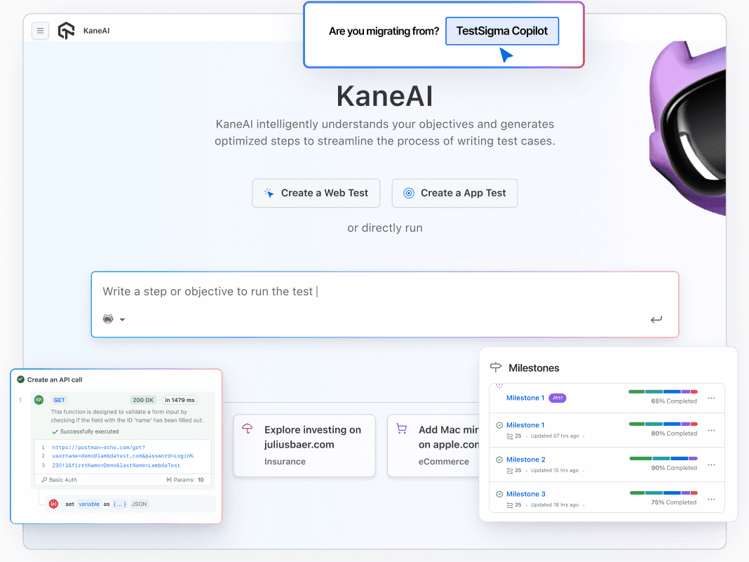 Switch to an AI native E2E testing agent with fast, scalable test orchestration, real-time insights, and effortless test creation, reliable alternative to Testsigma Copilot.