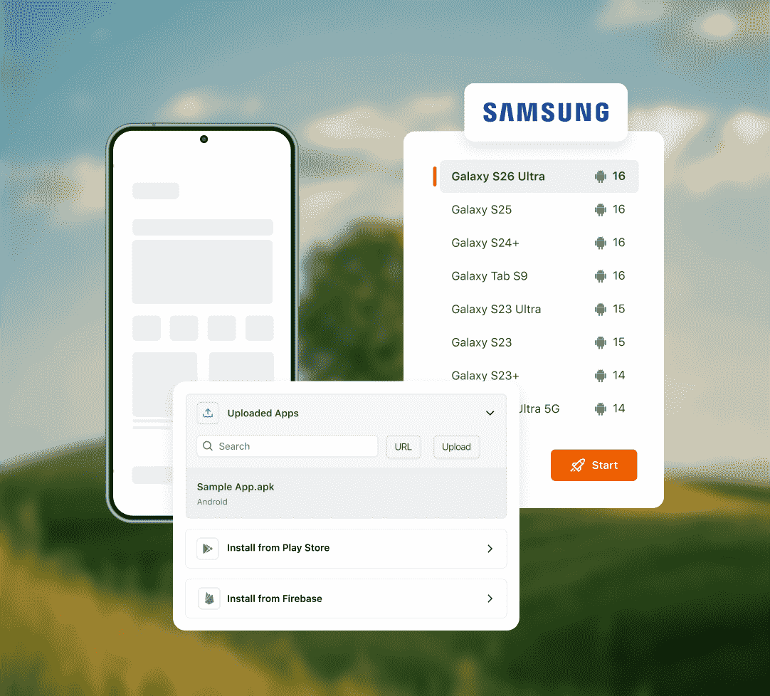 Samsung Galaxy S26 Ultra selected in the TestMu AI device list, with a sample app ready to start