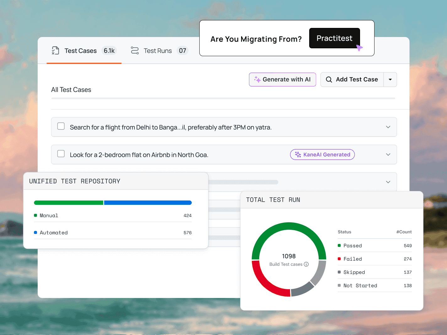 The AI-native test management alternative to PractiTest. Author, run, and report manual + automated tests from one dashboard.