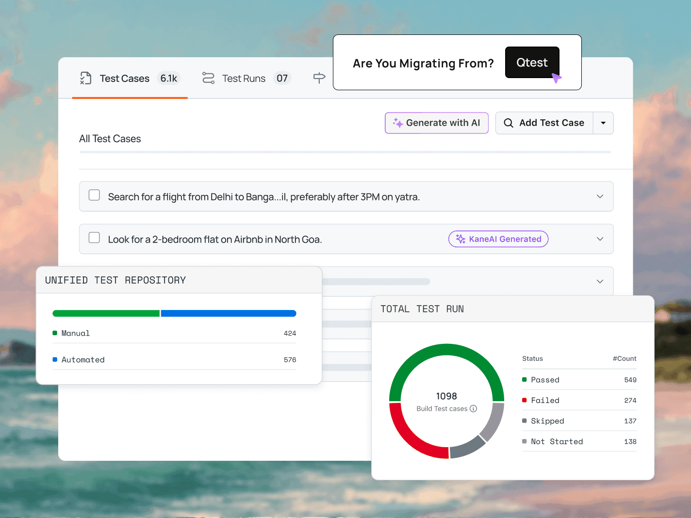 The AI-native test management alternative to qTest. Author, run, and report manual + automated tests from one dashboard.