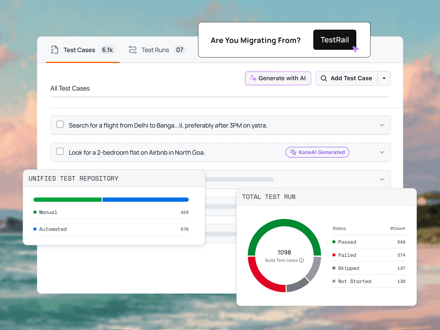 The AI-native test management alternative to TestRail. Author, run, and report manual + automated tests from one dashboard.