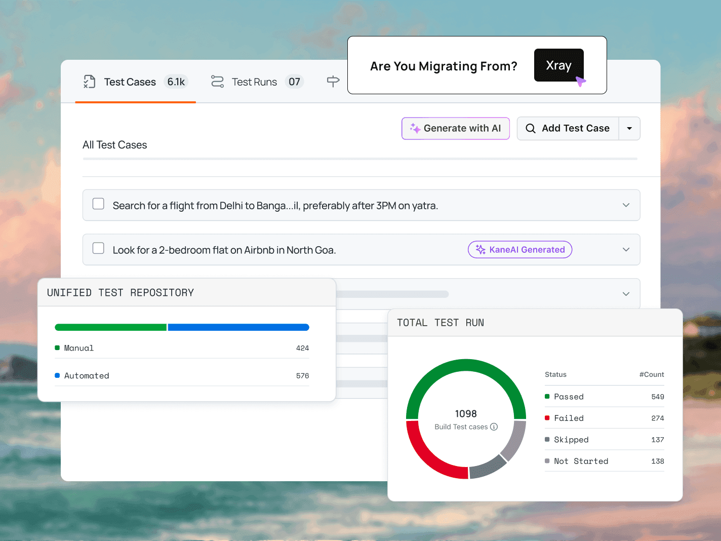 The AI-native test management alternative to Xray. Author, run, and report manual + automated tests from one dashboard.