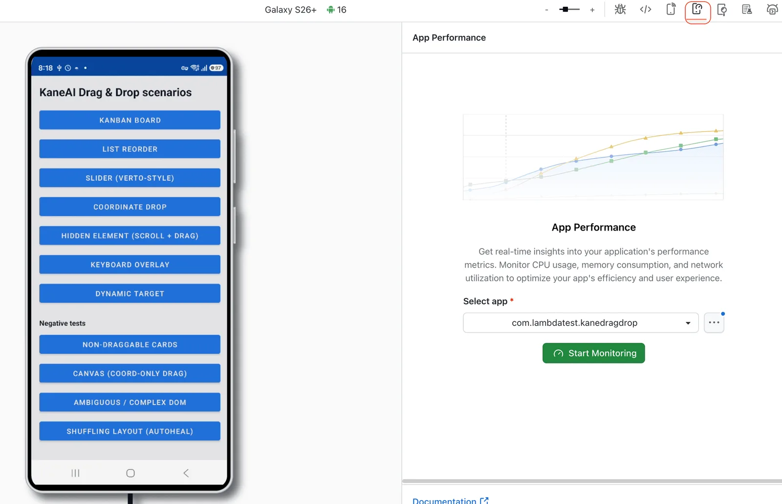 Profile app performance during manual sessions on real devices