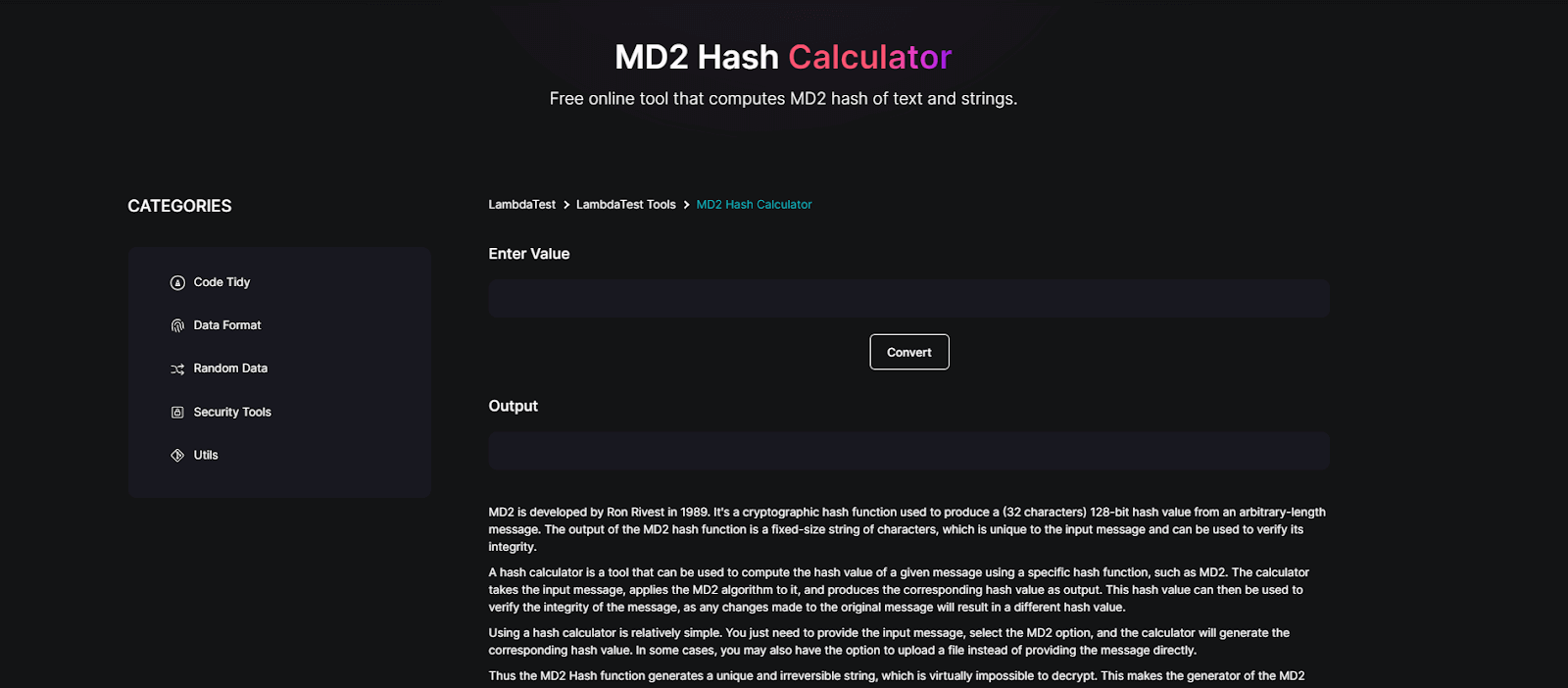 MD2 Hash Calculator MD2 Hash Calculator