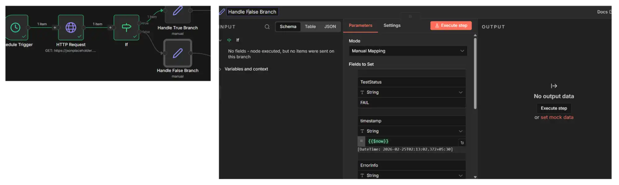 n8n Set node on FALSE branch logging FAIL status with error details