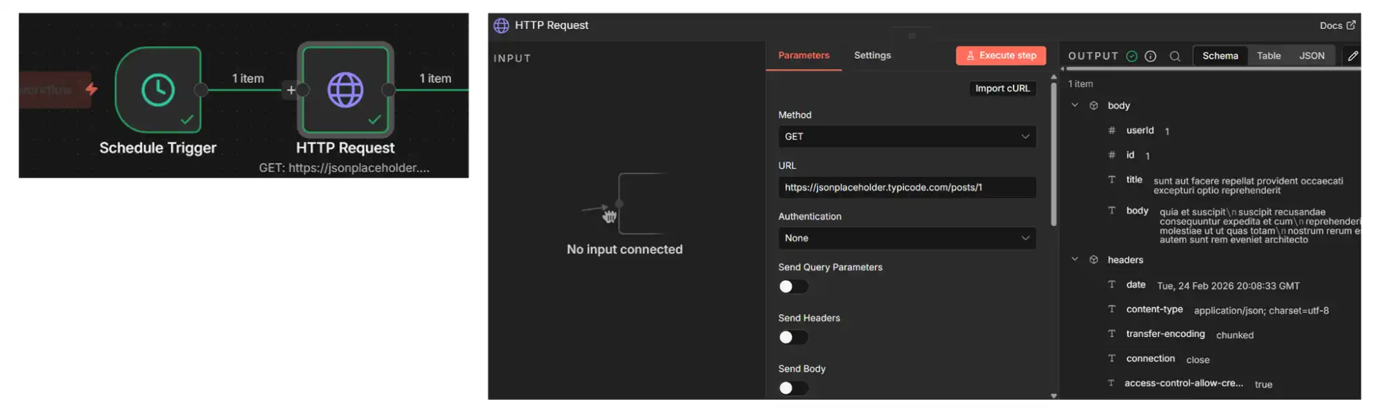 n8n HTTP Request node configured with GET method for API health check
