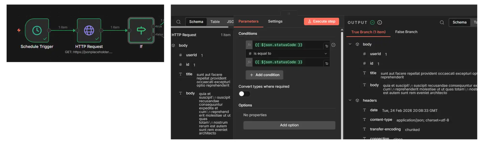 n8n IF node validating API response status code equals 200
