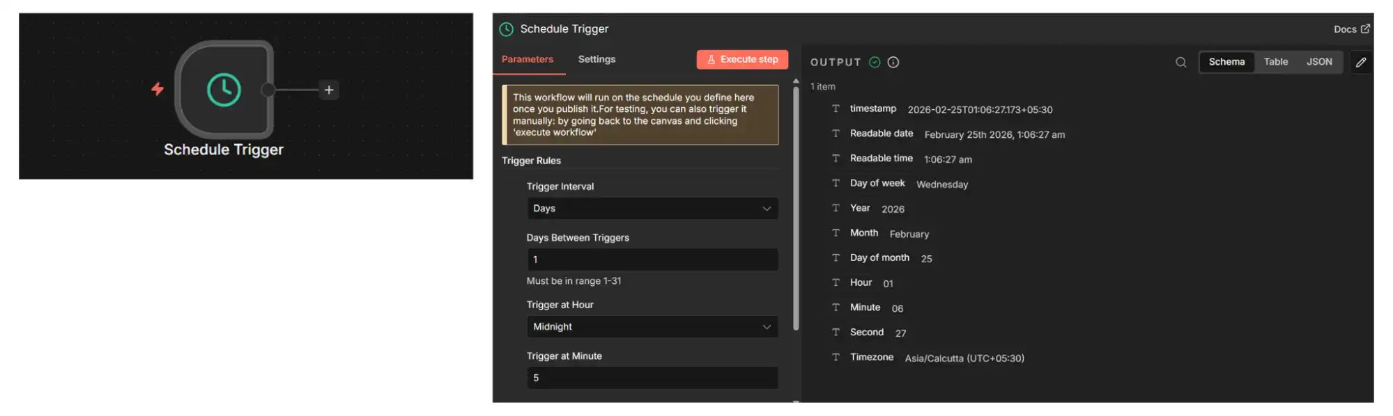 n8n Schedule Trigger node configuration for automated API health check