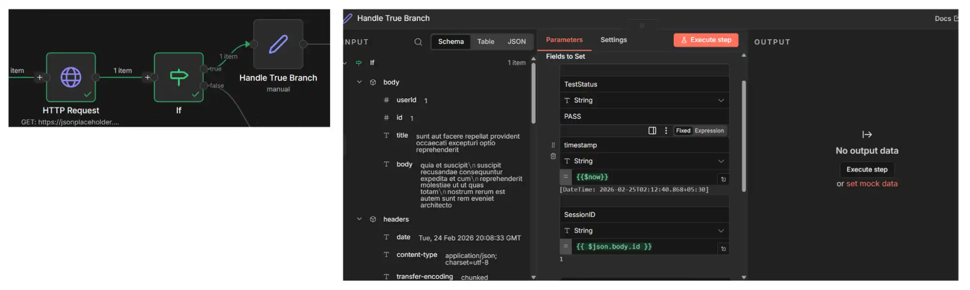 n8n Set node on TRUE branch logging PASS status with timestamp