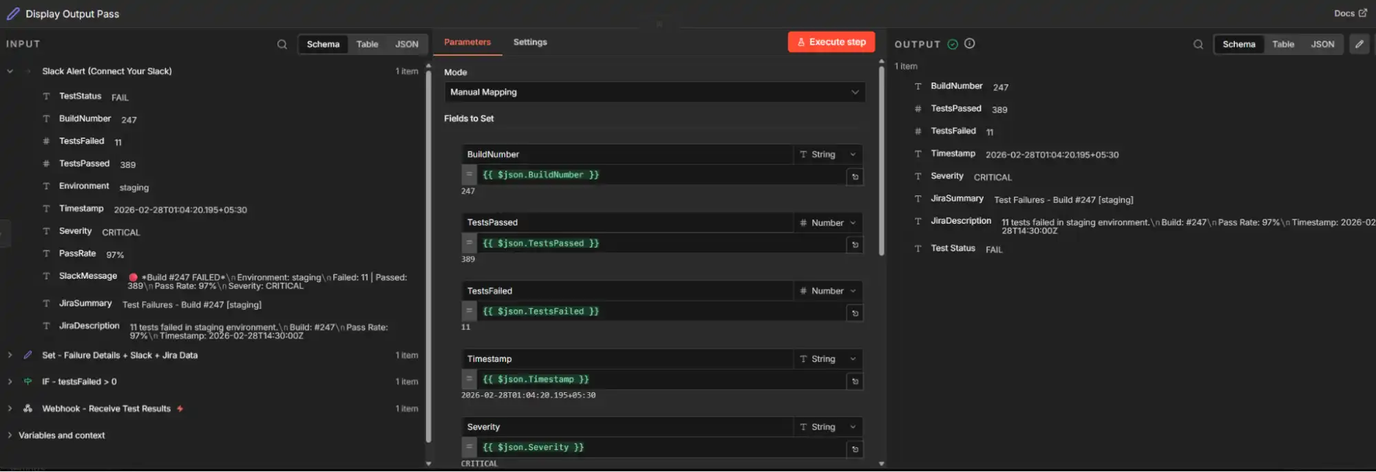n8n webhook workflow output showing test result routing to Slack and Jira