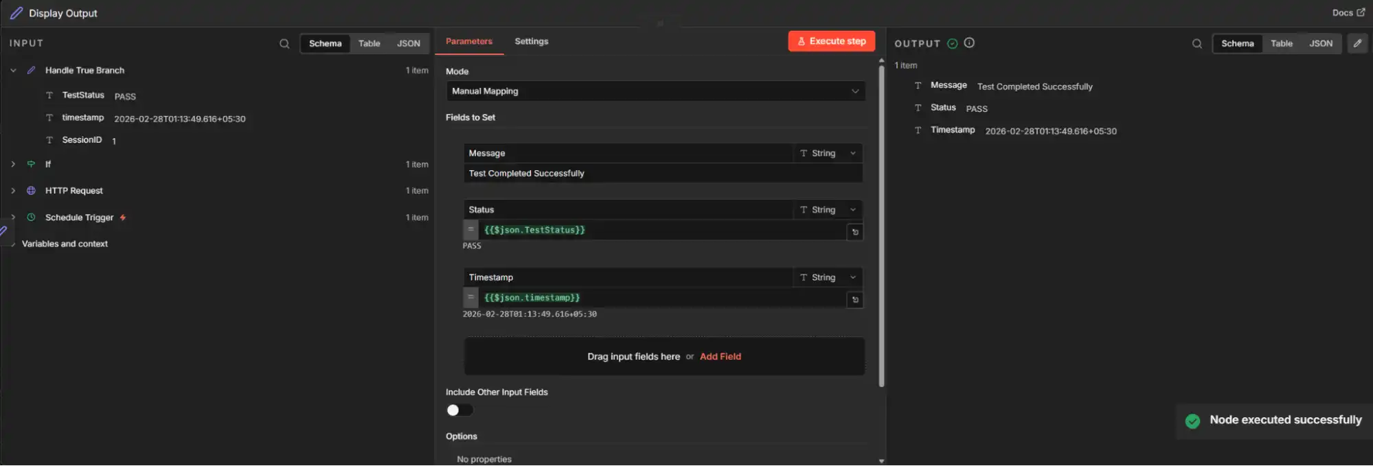 n8n workflow execution output showing API health check test results