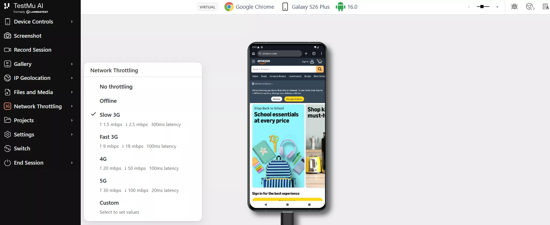 TestMu AI Network Throttling menu with Slow 3G selected while a site loads on a mobile session