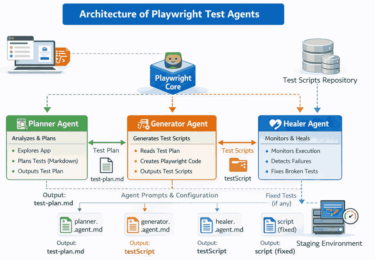 Architecture diagram showing how Playwright Agents chain: Planner writes test-plan.md, Generator produces spec files, Healer repairs failures in a loop