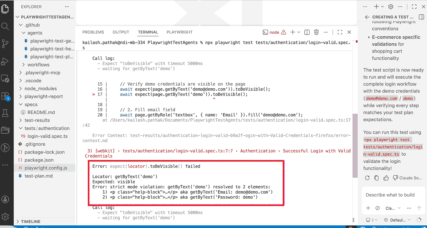 Playwright test output showing a strict mode error where a locator matches multiple elements