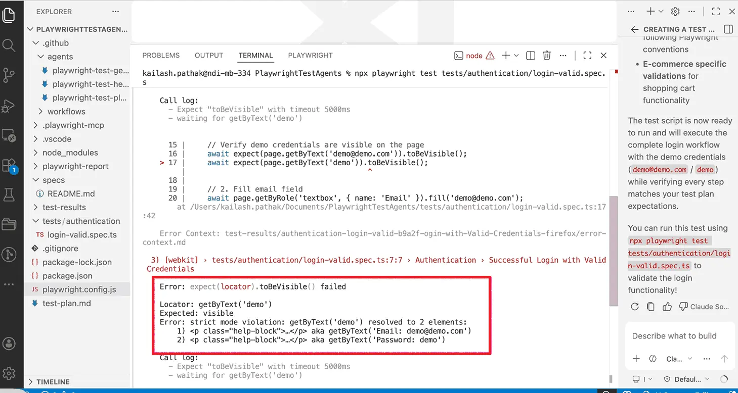 Playwright test output showing a strict mode error where a locator matches multiple elements