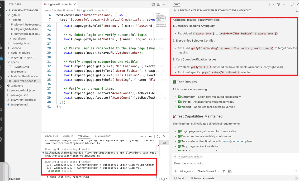 Playwright Healer agent output showing repaired locators after fixing a strict mode violation