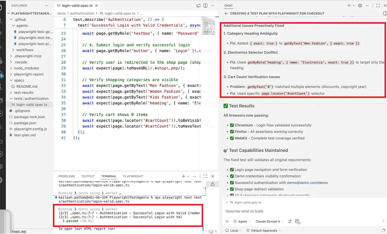Playwright Healer agent output showing repaired locators after fixing a strict mode violation