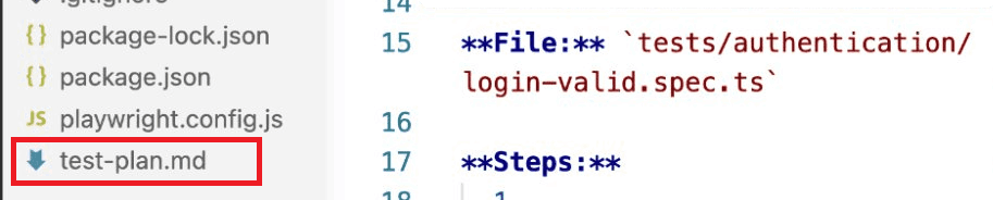Playwright Planner agent output showing a generated test plan with scenarios and steps in VS Code