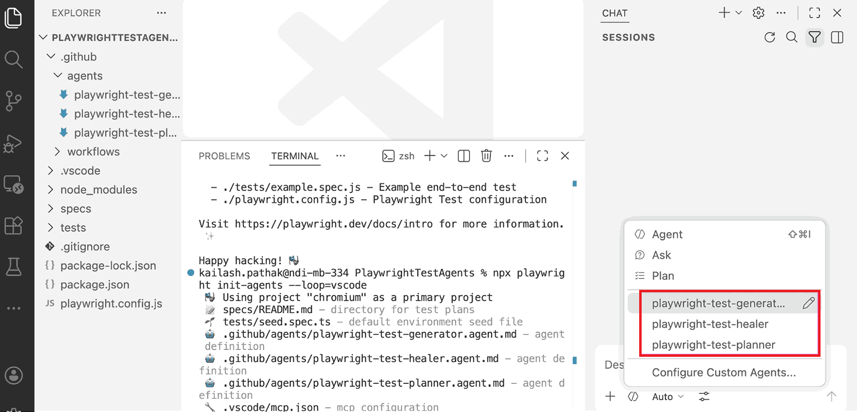 VS Code agent panel showing Playwright Planner, Generator, and Healer agents listed and ready to use