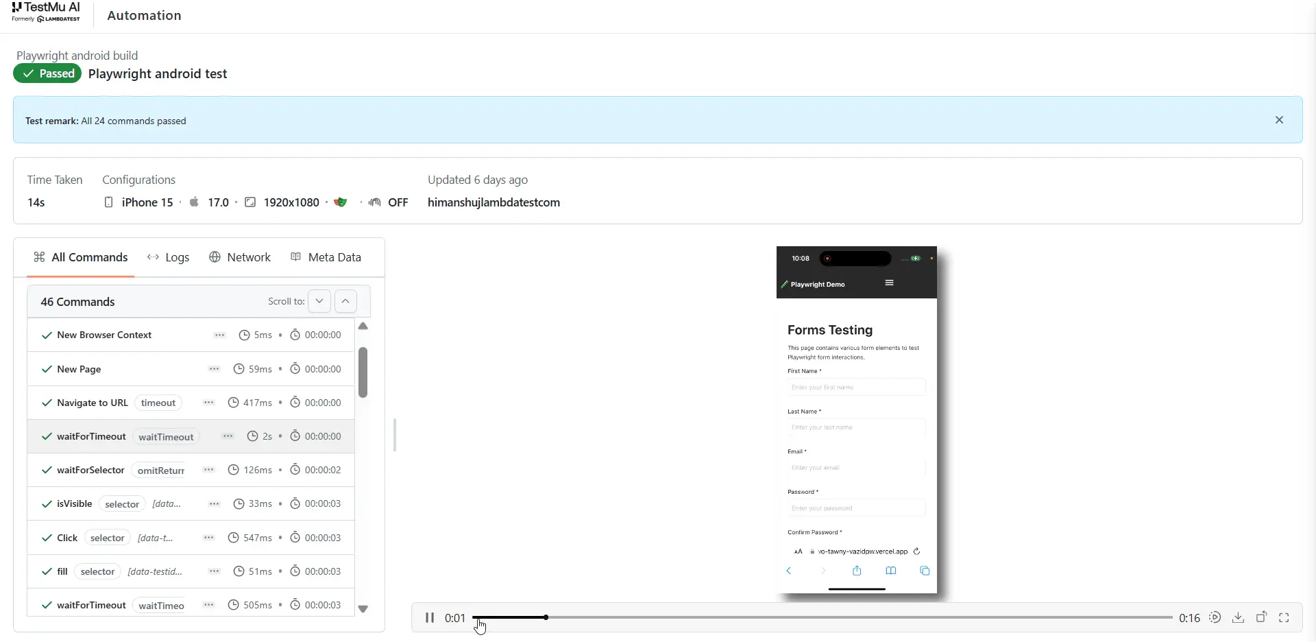 TestMu AI real device cloud, where Playwright scripts run on real Android devices over CDP