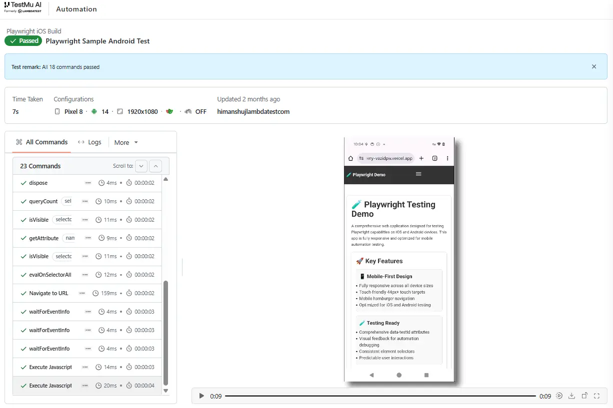 TestMu AI real device cloud, where Playwright scripts run on real Android devices over CDP