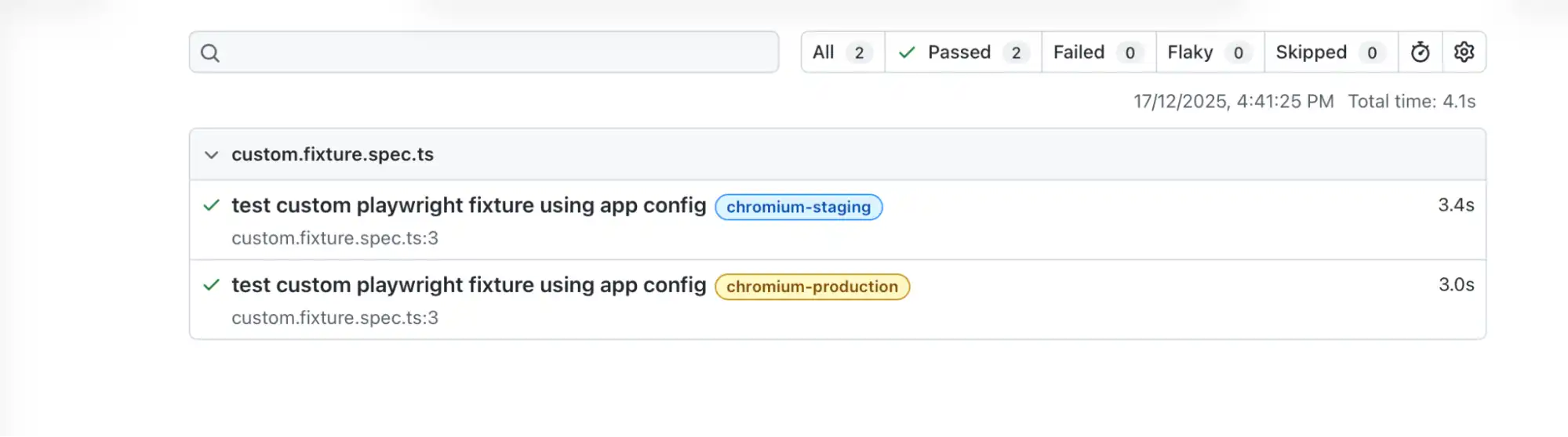Playwright HTML report showing custom fixture test results with staging and production configurations Playwright HTML report showing custom fixture test results with staging and production configurations