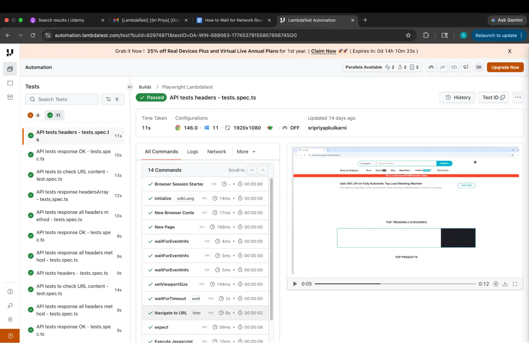 TestMu AI dashboard showing test execution results