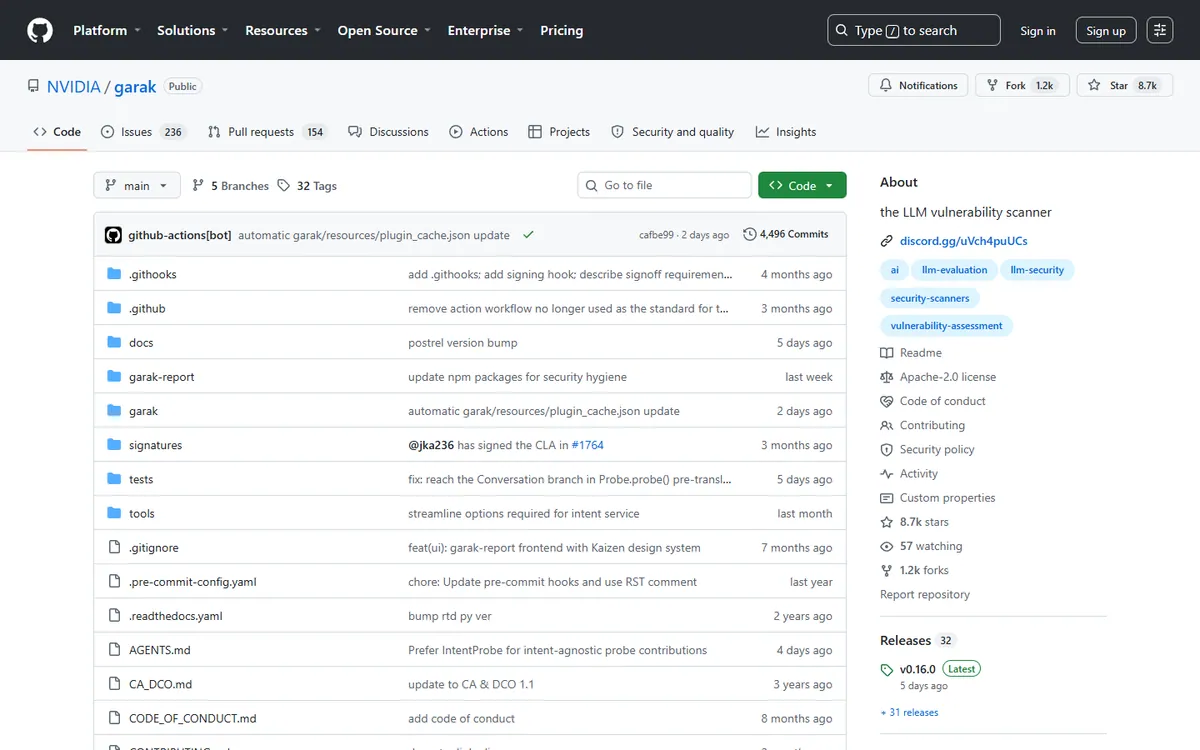 Garak: NVIDIA's open-source LLM vulnerability scanner on GitHub Screenshot of the NVIDIA garak GitHub repository page, which describes garak as the LLM vulnerability scanner and shows the Apache-2.0 license