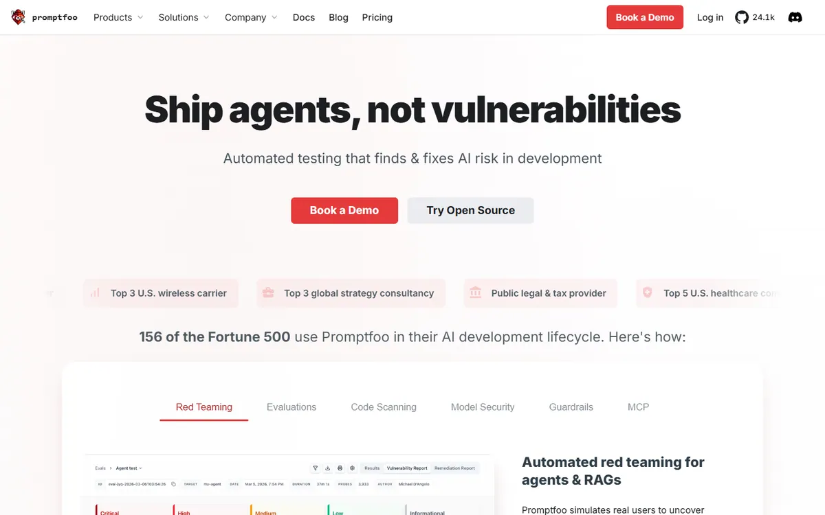 Promptfoo: config-driven red teaming for agents and RAG pipelines Screenshot of the promptfoo.dev homepage with the headline Ship agents, not vulnerabilities and a Red Teaming panel