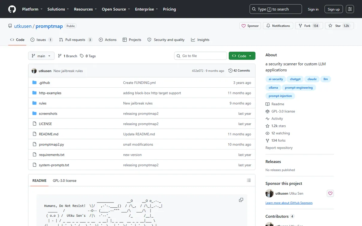 promptmap: a security scanner for custom LLM applications on GitHub Screenshot of the utkusen/promptmap GitHub repository page, described as a security scanner for custom LLM applications, under the GPL-3.0 license