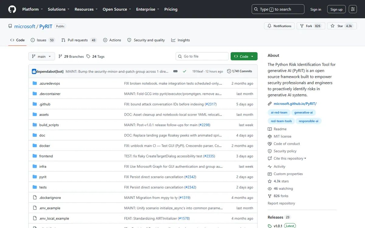 PyRIT: Microsoft's Python Risk Identification Tool for generative AI on GitHub Screenshot of the active microsoft/PyRIT GitHub repository page, described as The Python Risk Identification Tool for generative AI (PyRIT), under the MIT license