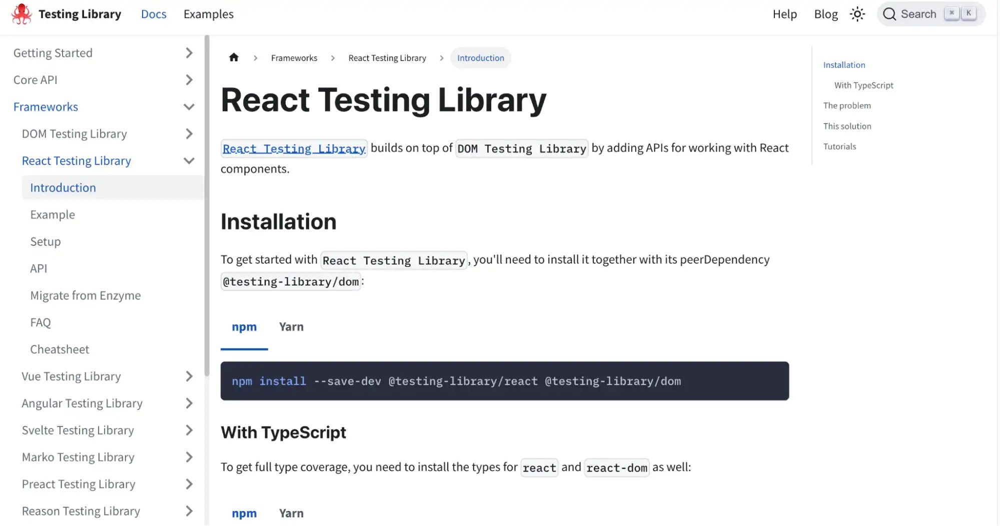 React Testing Library interface and component testing example
