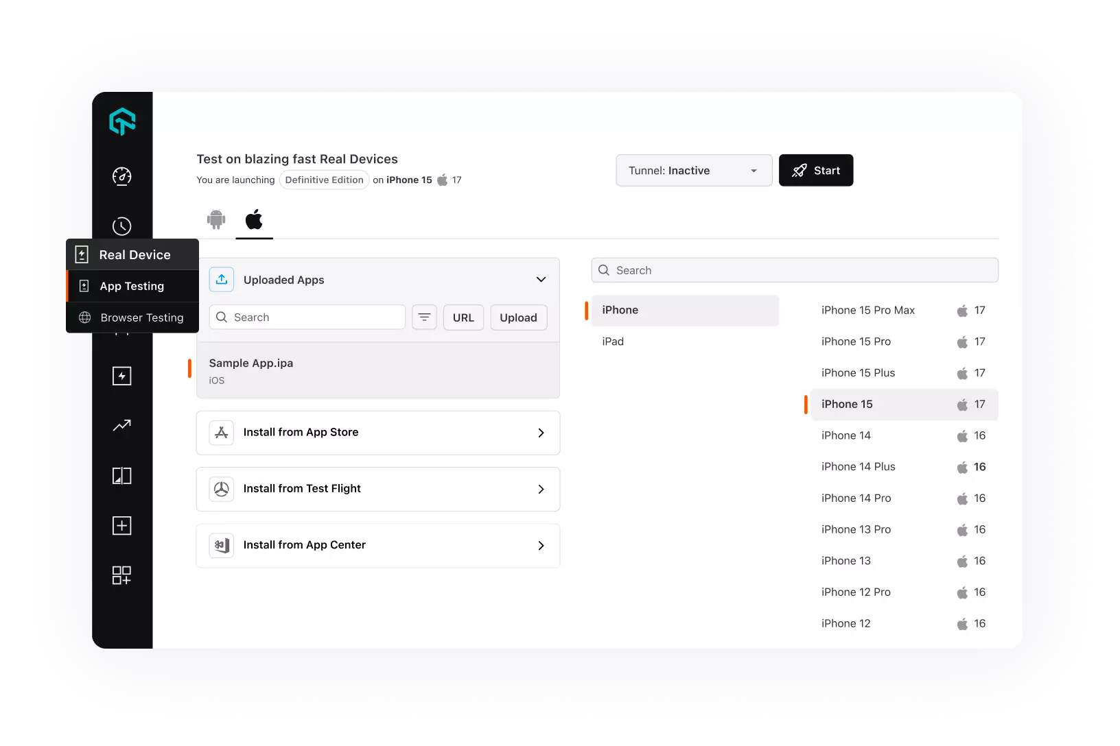 Choosing an iPhone and uploading a build in the TestMu AI real device cloud Real device app testing session setup