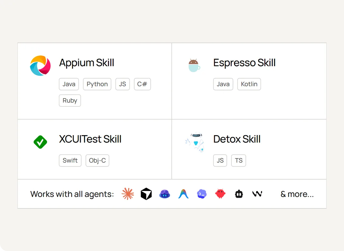 Agent Skills for Appium, Espresso, XCUITest, and Detox that work with all major coding agents